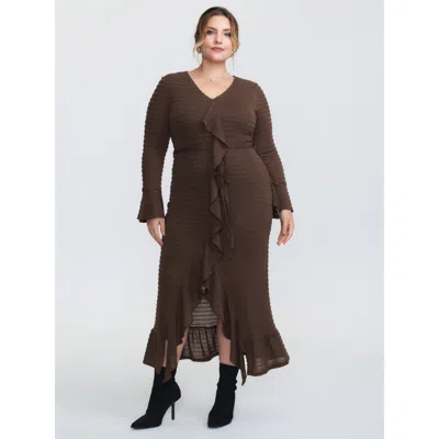 Bloomchic Women's Plus Size Ruffled Front Slit Ribbed Maxi Dress Browncoffeecolor Non Midi Elegant 22-24/3x