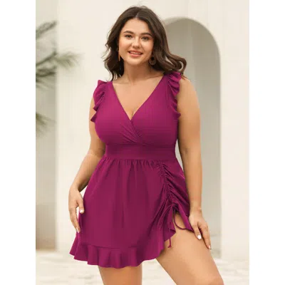 Bloomchic Women's Plus Size Ruffled Hem Flutter Sleeve Drawstring Swim Dress Rosered Solid Ruched Adaptive-fit