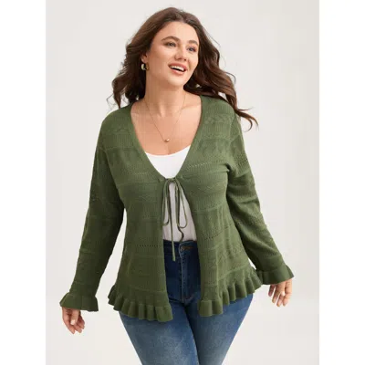 Bloomchic Women's Plus Size Ruffled Hem Front Tie Textured Lightweight Cardigan Armygreen Long Sleeve Tie-neck