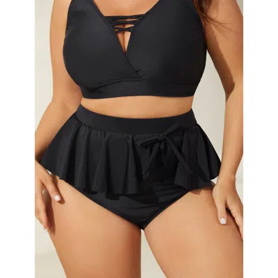 Bloomchic Women's Plus Size Ruffled Hem Knotted Swim Bottoms Black Non Short Tie Knot Fully Elasticated Waist 