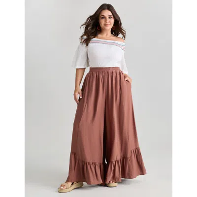 Bloomchic Women's Plus Size Ruffled Hem Plain Flowy Pants Rust Wide Leg Mid Rise Vacation 10/m In Brown