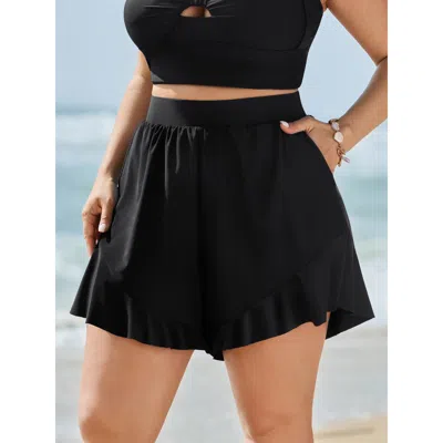 Bloomchic Women's Plus Size Ruffled Hem Pockets Swim Shorts Black Non Short Ruffles Fully Elasticated Waist 10