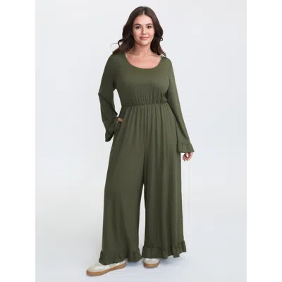 Bloomchic Women's Plus Size Ruffled Hem Scoop Neck Everyday Jumpsuit Darkgreen Casual 10/m In Green