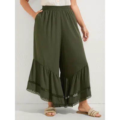 Bloomchic Women's Plus Size Ruffled Lace Hem Wide-leg Pants Armygreen Non Wide Leg Mid Rise Vacation 12/l