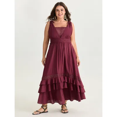 Bloomchic Women's Plus Size Ruffled Layered Hem Lace Maxi Dress Burgundy Solid Longline Vacation Mesh Panel 10