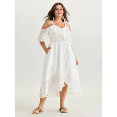 Bloomchic Women's Plus Size Ruffled Mesh Cold-shoulder Asymmetrical Hem Maxi Dress Whitesmoke Maxi Vacation 10