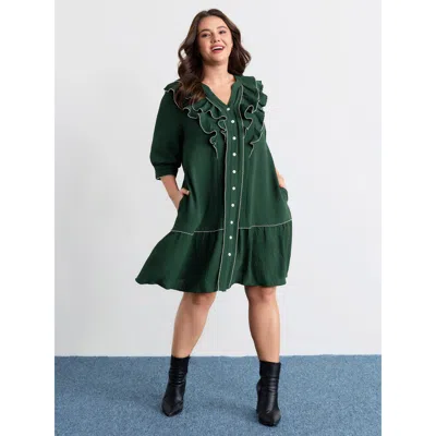 Bloomchic Women's Plus Size Ruffled Neck Tiered Button Knee-length Dress Darkgreen Non Short Casual Colorblock In Green
