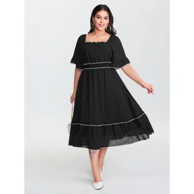 Bloomchic Women's Plus Size Ruffled Neckline Color Contrast Midi Dress Black Non Midi Elegant Non 10/m