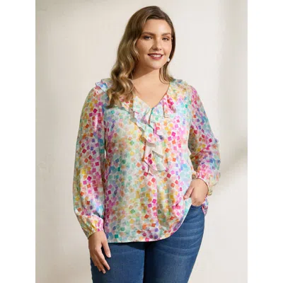 Bloomchic Women's Plus Size Ruffled Neckline Colorful Geometric Rayon Blouse Multicolor Geometric Elegant Long