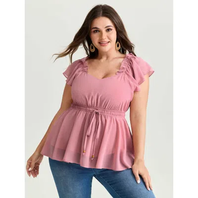 Bloomchic Women's Plus Size Ruffled Neckline Drawstring Shirred Waistline Blouse Rouge Solid Vacation Short Sl In Red