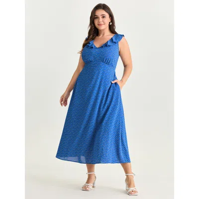 Bloomchic Women's Plus Size Ruffled Neckline Micro Floral Print Midi Dress Mediumblue Ditsy Floral Maxi Elegan