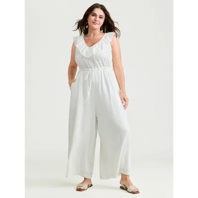 Bloomchic Women's Plus Size Ruffled Neckline Open Back-tie Jumpsuit Originalwhite Vacation 10/m