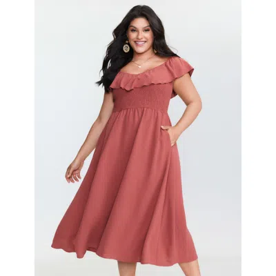 Bloomchic Women's Plus Size Ruffled Neckline Shirred Flowy Midi Dress Orangered Non Midi Vacation 10/m