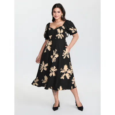 Bloomchic Women's Plus Size Ruffled Neckline Shirred Midi Dress Black Floral Midi Elegant Non 30/6x