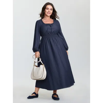 Bloomchic Women's Plus Size Ruffled Neckline Shirred Waist Pocket Maxi Dress Darkblue Solid Maxi Casual Smocke In Blue