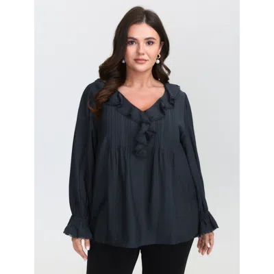 Bloomchic Women's Plus Size Ruffled Neckline Stretchy Cuffs Blouse Darkblue Non Elegant Extra Long Sleeve 10/m In Blue