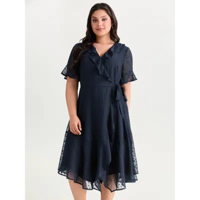 Bloomchic Women's Plus Size Ruffled Neckline Wrap Sheer Hem Midi Dress Darkblue Polka Dots Maxi Elegant 10/m In Blue