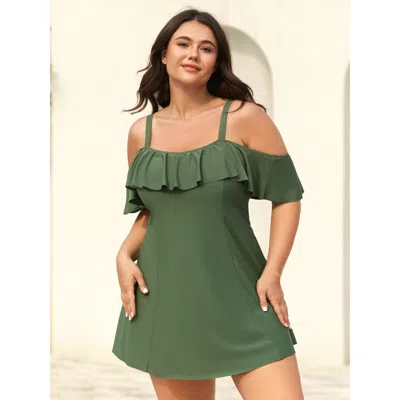 Bloomchic Women's Plus Size Ruffled Non-removable Cups Swim Dress Armygreen Non Ruffles Bust Support 10/m