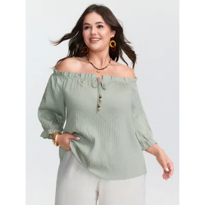 Bloomchic Women's Plus Size Ruffled Off-shoulder Neckline Blouse Greenbean Stripes Vacation 3/4 Sleeve 22-24/3