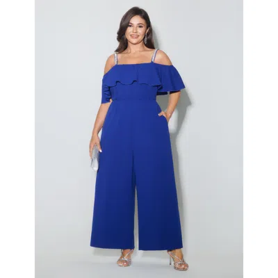 Bloomchic Women's Plus Size Ruffled Off-shoulder Waist-defining Jumpsuit Mediumblue Party 10/m