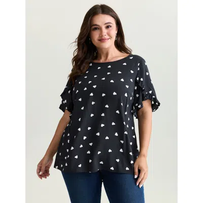 Bloomchic Women's Plus Size Ruffled Overlap Sleeve Heart Pattern Blouse Blackflower Heart Elegant Short Sleeve