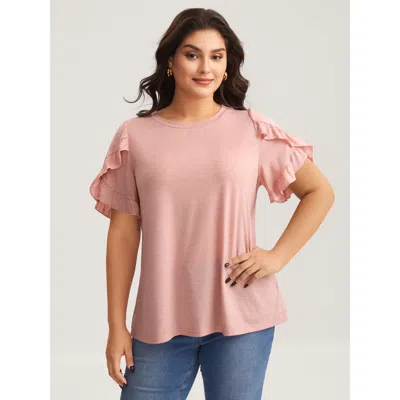 Bloomchic Women's Plus Size Ruffled Petal Sleeve Solid Knit Top Crepe Short Sleeve Elegant Round Neck 10/m