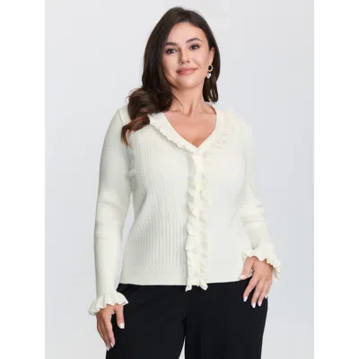 Bloomchic Women's Plus Size Ruffled Placket Striped Texture Knit Cardigan Originalwhite Long Sleeve V-neck 10/