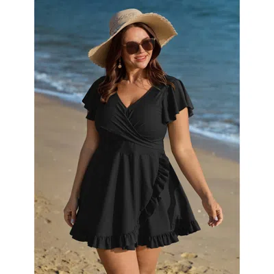 Bloomchic Women's Plus Size Ruffled Sleeve Curvy Hem Swim Dress Black Non Ruffles Adaptive-fit 18-20/2x