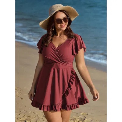 Bloomchic Women's Plus Size Ruffled Sleeve Curvy Hem Swim Dress Russet Non Ruffles Adaptive-fit 10/m In Brown