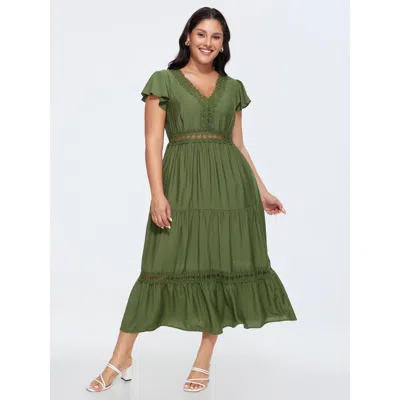 Bloomchic Women's Plus Size Ruffled Sleeve Lace V-neckline Tiered Midi Dress Armygreen Solid Maxi Vacation 12/