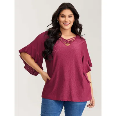 Bloomchic Women's Plus Size Ruffled Sleeve Textured Cut-out Neck T-shirt Raspberry Non Elegant 3/4 Sleeve 12/l In Pink