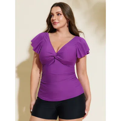Bloomchic Women's Plus Size Ruffled Sleeve Tummy-friendly Swim Top Eggplant Solid Ruffles Upf 50 Sun Protectio In Purple