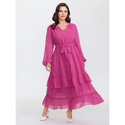 Bloomchic Women's Plus Size Ruffled Stretchy Waist-tie Maxi Dress Peach Non Maxi Elegant Belted 10/m In Orange