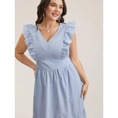 Bloomchic Women's Plus Size Ruffled Striped Print Triangular Waist Midi Dress Skyblue Stripes Midi Elegant Ruf In Blue