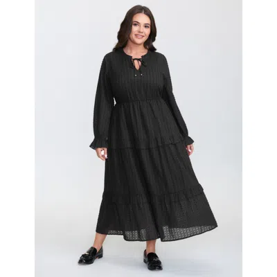 Bloomchic Women's Plus Size Ruffled Tiered Drawstring Neckline Maxi Dress Black Synthetic Texture Maxi Casual 