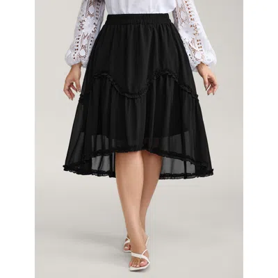 Bloomchic Women's Plus Size Ruffled Trim Sheer Midi Skirt Black Elastic Waist A-line Elegant 30/6x