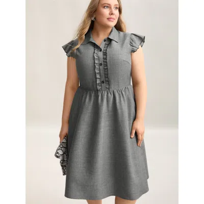 Bloomchic Women's Plus Size Ruffled Trim Shirt Collar Flared Midi Dress Darkgray Solid Midi Office Ruffles 28/ In Gray