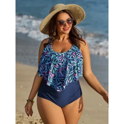 Bloomchic Women's Plus Size Ruffled Tropical Print One Piece Swimsuit Indigo Tropical Gathered Adaptive-fit 10 In Purple