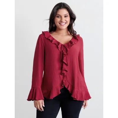 Bloomchic Women's Plus Size Ruffled V-neck Curvy Edge Blouse Scarlet Solid Elegant Long Sleeve Deep V-neck 22- In Red