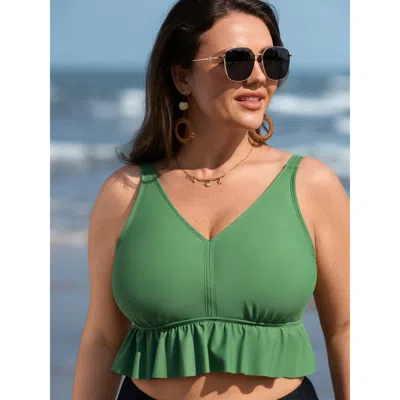 Bloomchic Women's Plus Size Ruffled V-neck Swim Top Greenbean Non Sleeveless Patchwork Adaptive-fit 10/m