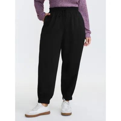 Bloomchic Women's Plus Size Ruffled Waist Drawstring Tapered Pants Black Solid Jogger Mid Rise Casual 10/m