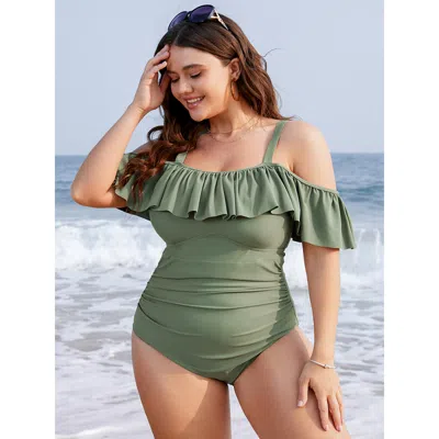 Bloomchic Women's Plus Size Ruffles Trim Sculpt Waist Cold Shoulder One Piece Swimsuit Mint Solid Adjustable S In Green