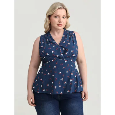 Bloomchic Women's Plus Size Sailing Print Collared Fit And Flare Knit Top Navy Sleeveless Elegant 22-24/3x In Blue