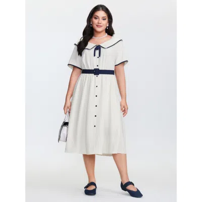 Bloomchic Women's Plus Size Sailor Collar Pockets Belted Midi Dress Ivory Non Midi Elegant Gathered 10/m In White