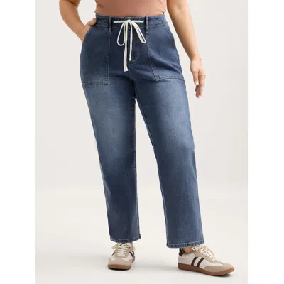 Bloomchic Women's Plus Size Sand Wash Drawstring Straight Leg Jeans Midblue Elastic Waist Straight Fit Medium 