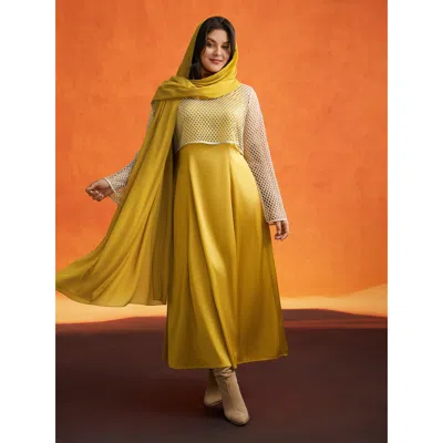 Bloomchic Women's Plus Size Sand-hued Textured Tri-piece Dress Turmeric Party Maxi Texture 12/l In Yellow
