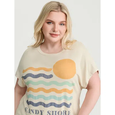 Bloomchic Women's Plus Size Sandy Shore Print Round Neck T-shirt Beige Non Casual Cap Sleeve 10/m
