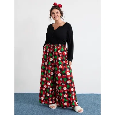 Bloomchic Women's Plus Size Santa Claus Christmas Wide Lounge Bottoms Multicolor 12/l