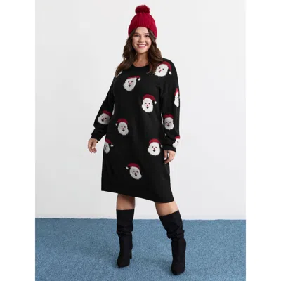 Bloomchic Women's Plus Size Santa Claus Print Embroidered Textured Sweater Dress Black Christmas Midi Cable Kn