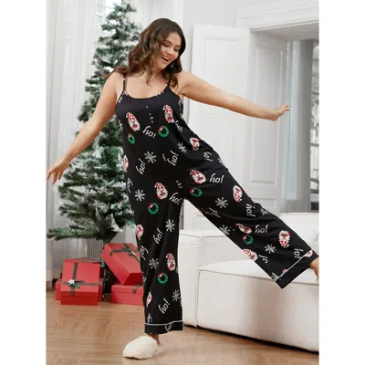 Bloomchic Women's Plus Size Santa Claus Print Pocket Cami Lounge Jumpsuit Black Graphic-christmas 14-16/1x